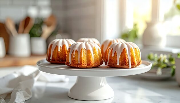 Delicious Mini Bundt Cakes with Glaze on a White Pedestal in a Bright Kitchen.