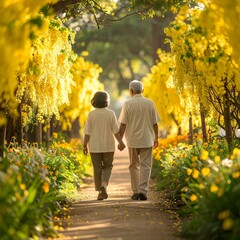 Obraz premium Elderly Couple Walking Hand in Hand Through a Beautiful Golden Shower Tree Tunnel.