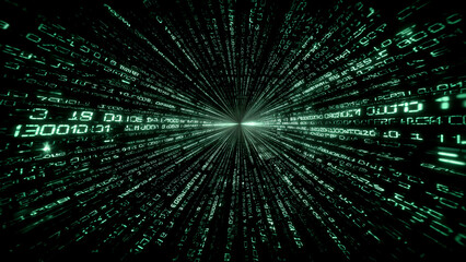 Obraz premium 中心へ向かって高速で流れるデジタル数字