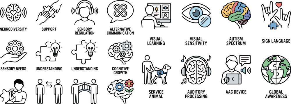 Autism awareness symbols  neurodiversity support icons  sensory regulation and communication graphics    learning disability signs  cognitive growth and understanding illustrations