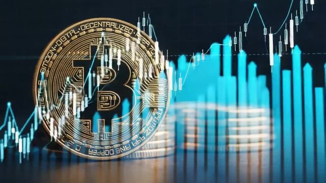 A gold bitcoin coin with a stack of coins and blue graphs in the background representing cryptocurrency