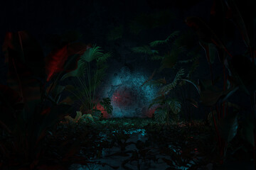 Fototapeta premium 3d rendering of epic forest backdrop with light spot surrounded by jungle plants and trees