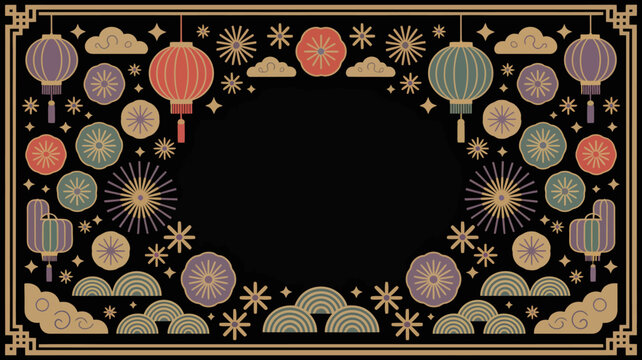 An ornate black background features colorful paper lanterns stylized clouds and starbursts creating a festive and decorative border design high quality professional detailed modern elegant stylish