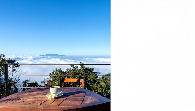 Coffee cup on wooden table with sea of clouds mountain view terrace 雲海と山を望むテラスのコーヒー ライフスタイルシーン