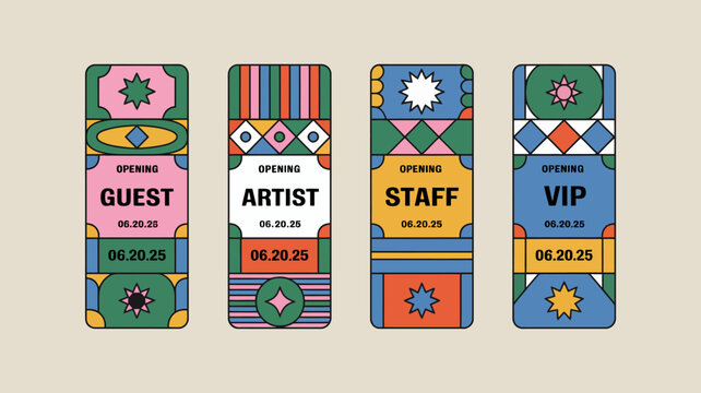 A vibrant illustration showcases four rectangular tickets each with unique geometric patterns and text designating guest artist staff and vip access high quality professional detailed modern