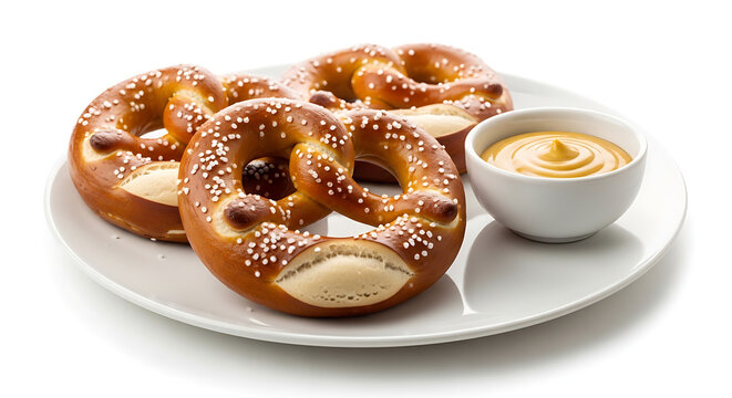 Soft traditional baked pretzel with coarse salt grain on a ceramic plate accompanied by yellow mustard dipping sauce isolated on a clean white background, authentic deli snack appetizer.