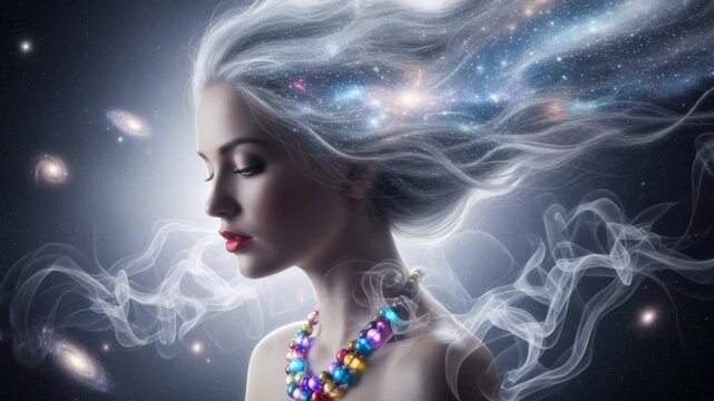 Woman with white hair and colorful beads in a cosmic scene with smoke and stars