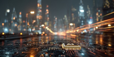 Fototapeta premium Artificial intelligence core inside transparent cube, luminous AI letters and cyberpunk wiring for digital future branding.
