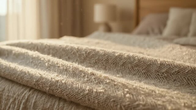 Tiny dust particles float through warm morning sunbeams shining across a textured beige blanket.
