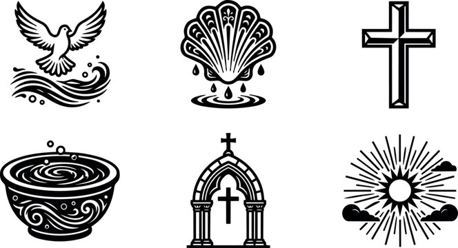 Black and white religious vector icons of dove water shell cross church arch and sun rays in spiritual graphic style