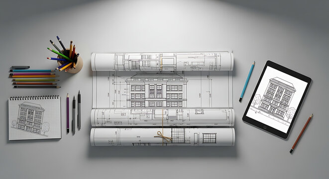Professional rolled architectural blueprint document with engineering pen on minimalist gray desktop surface featuring generous copy space for clean design and construction project planning