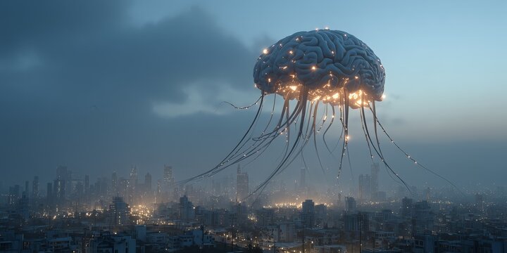 Glowing digital brain above city skyline, symbolizing artificial intelligence, big data and future smart cities at night