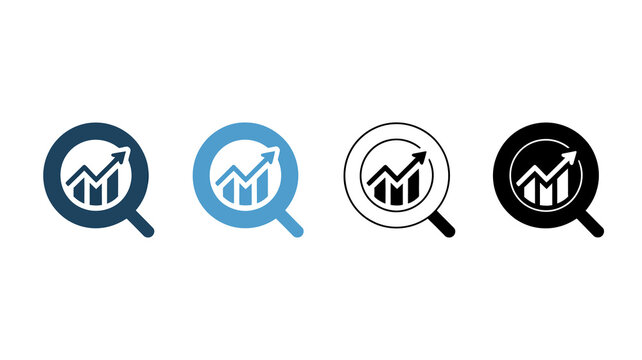 A set of four magnifying glass icons displaying upward trending charts varying from blue to black high quality professional detailed modern elegant stylish clean crisp vibrant