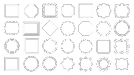 A collection of various black and white frame outlines in different geometric shapes and decorative styles is displayed on a white background high quality professional detailed