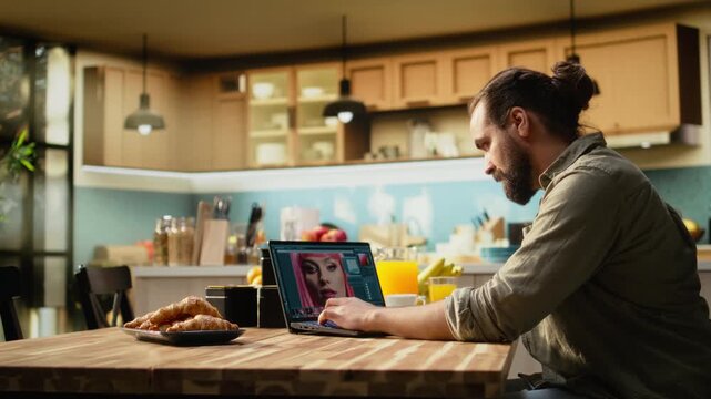 One person editing photograph on laptop for post production workflow with image processing, retouching and color grading on software. Creative process and graphic design skills at home.