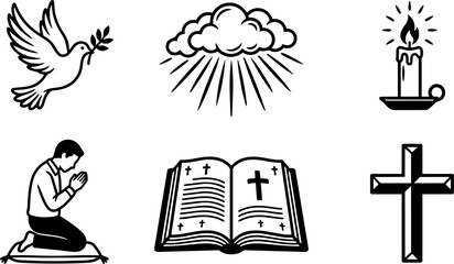 Black and white vector art of dove with olive branch sun rays candle praying man bible and cross religious symbols collection