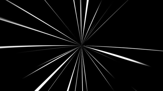 fast speed line loop black and white from middle to outside. radial burst lines fast glowing trails. anime comic speed lines radial speed lines. light velocity streaks flash action background. 4k anim