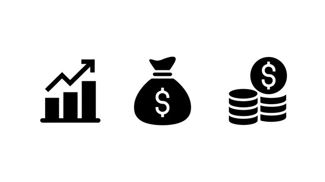A minimalist black icon set depicts financial growth with a rising graph a money bag and stacked coins high quality professional detailed modern elegant stylish clean