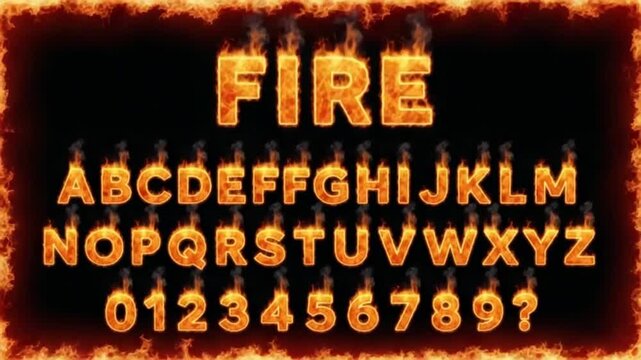 Fire alphabet and numbers with flames on a black background