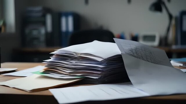 Large stack of office papers shrinking on a wooden desk