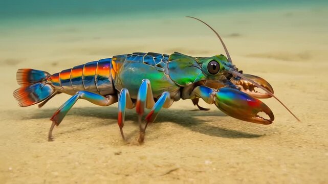 Vibrant Rainbow Lobster Crawling on Sandy Underwater Seabed