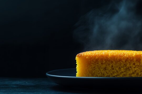 Steaming slice of Brazilian cuscuz on dark plate