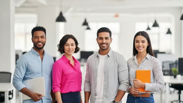 A diverse group of four young adults standing together in a modern office with a blurred background