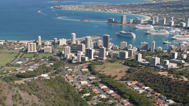 Aerial view of honolulu hawaii urban landscape and bay