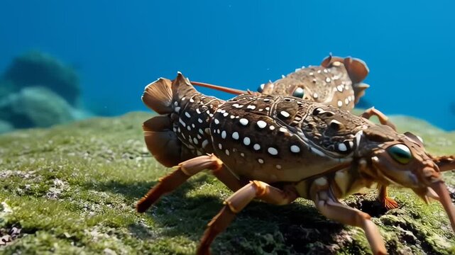 Two Spiny Lobsters Crawling on Underwater Rock