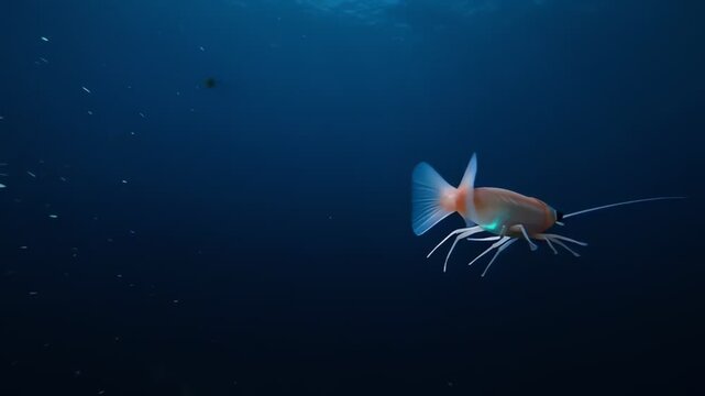 Bioluminescent Shrimp Swimming in the Deep Dark Blue Ocean