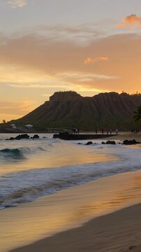 Diamond head crater during a golden sunset in waikiki hawaii
