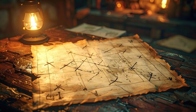Aged hand-drawn adventure map with cross marks and lines on antique parchment, illuminated by warm light