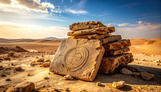 Ancient etched clay tablet with circular symbols discovered in desert landscape, representing a lost civilization.