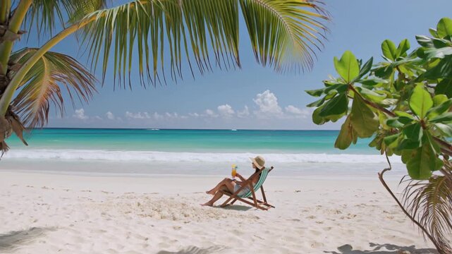 Woman with a cocktail relaxing on a tropical beach paradise