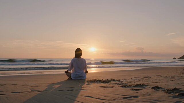 Woman meditating in lotus pose on the beach at sunset