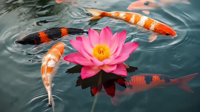 Peaceful Pink Lotus Flower with Swimming Koi Fish in a Pond