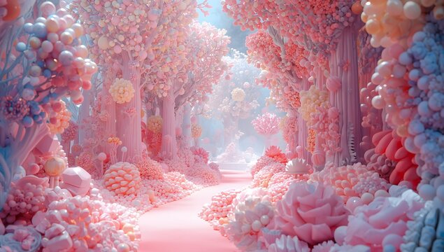 Whimsical pastel pink enchanted forest landscape in surreal style