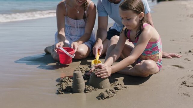 Happy family building sandcastle on summer beach vacation
