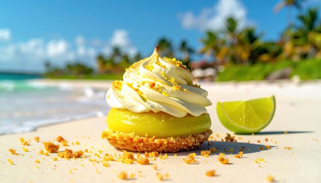 Key Lime Pie Inspired Dessert with Meringue on a Tropical Beach