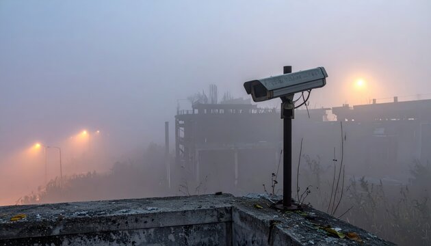 Security camera watches over a desolate concrete platform shrouded in dense fog, hinting at an abandoned industrial site
