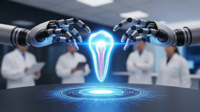Robotic hands holding glowing tooth model with lab background