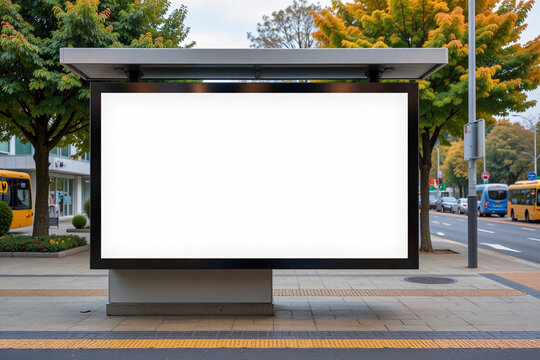 Bus station billboard with blank copy space screen for your advertising text message or promotional content, empty mock up Lightbox for information, stop shelter clear poster in urban city scene.