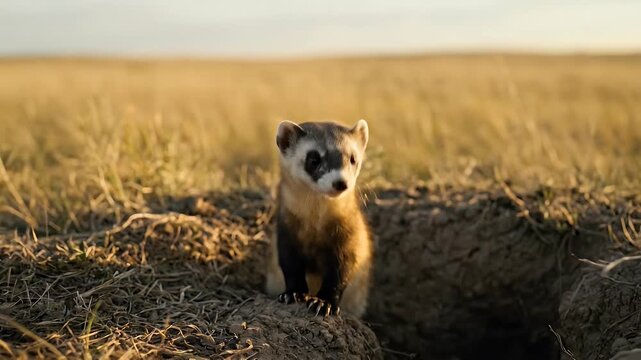 A black-footed ferret emerges from its dirt burrow in a grassy prairie during golden hour.