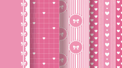 A seamless pattern showcases various pink designs including hearts bows stripes and checks creating a charming and feminine aesthetic high quality professional detailed modern elegant stylish