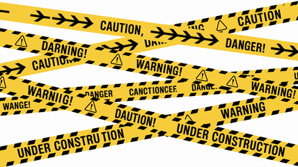 A chaotic arrangement of yellow and black caution tape with various warning messages and directional arrows is prominently displayed high quality professional detailed modern elegant stylish