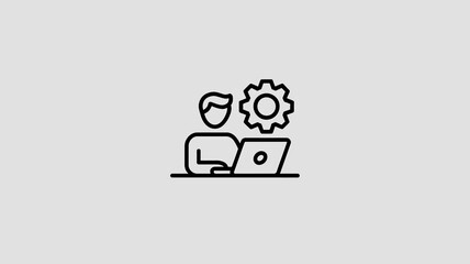 A minimalist line drawing depicts a person working on a laptop with a gear and a head silhouette above high quality professional detailed modern elegant stylish