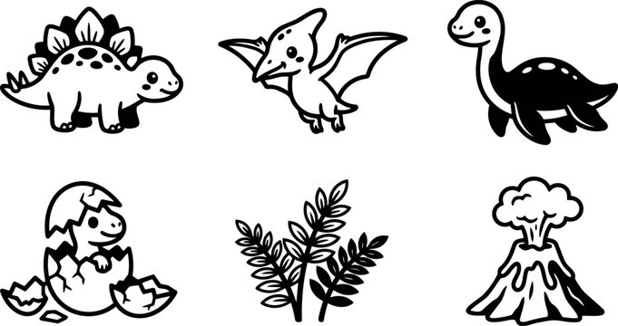 Cute black and white cartoon dinosaur icons including stegosaurus pterodactyl plesiosaurus hatchling leaves volcano