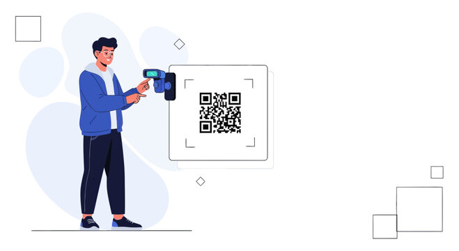Man scanning QR code with smartphone, modern technology, digital payment, online shopping