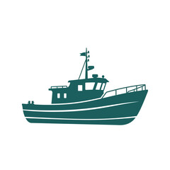Obraz premium A simple, dark teal, minimalistic illustration of a fishing boat on a white background