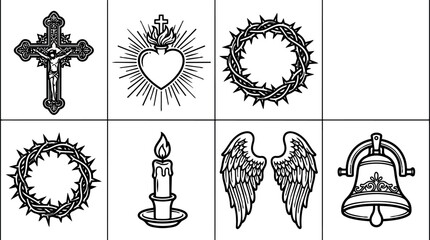 Naklejka premium Black and white line art collection of religious symbols including crucifix sacred heart crown thorn candle angel wings and bell